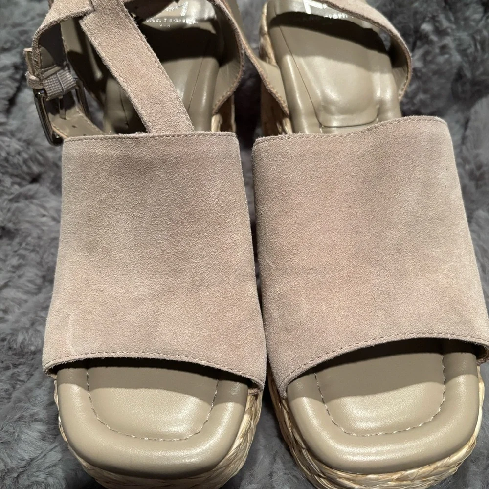 Marc Fisher Suede Taupe Sandals with ankle strap and rafia wedge